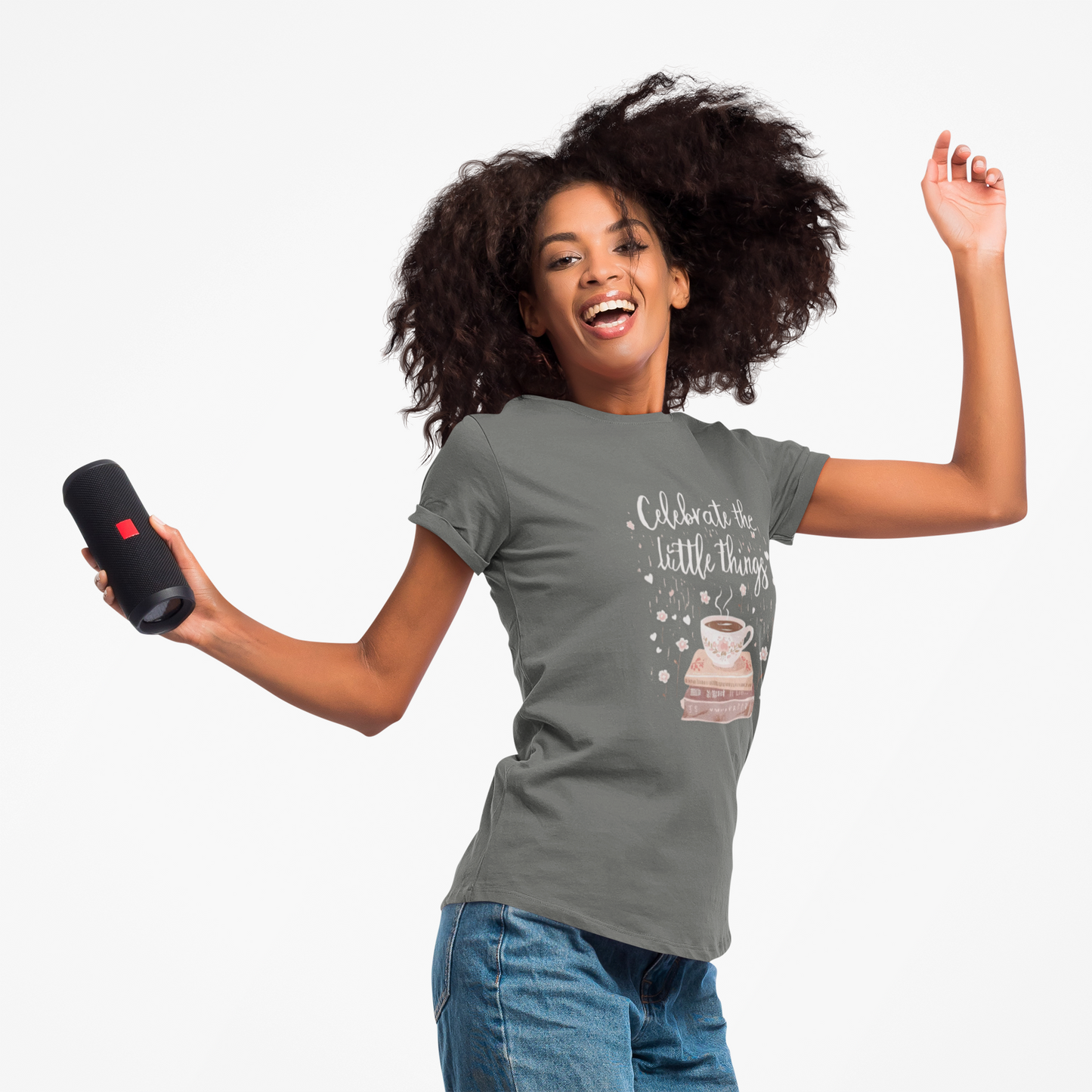 Celebrate the Little Things T-Shirt | Cozy Coffee & Books Graphic Tee | Inspirational Quote Shirt | Gildan 5000