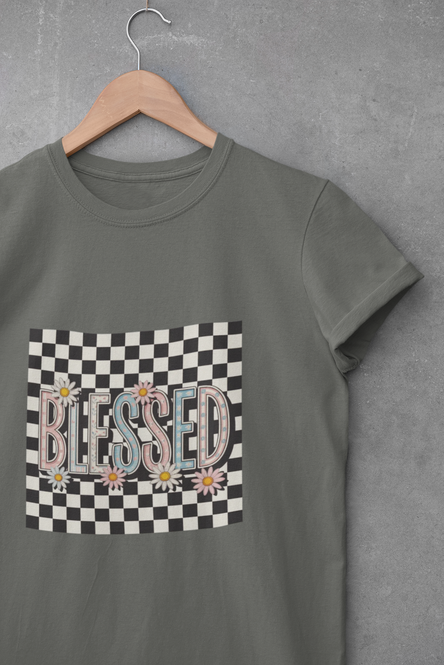 Blessed Checkerboard Floral Shirt | Retro Aesthetic Graphic Tee | Cute Trendy Boutique T-Shirt | Comfort Colors 1717 Unisex Tee