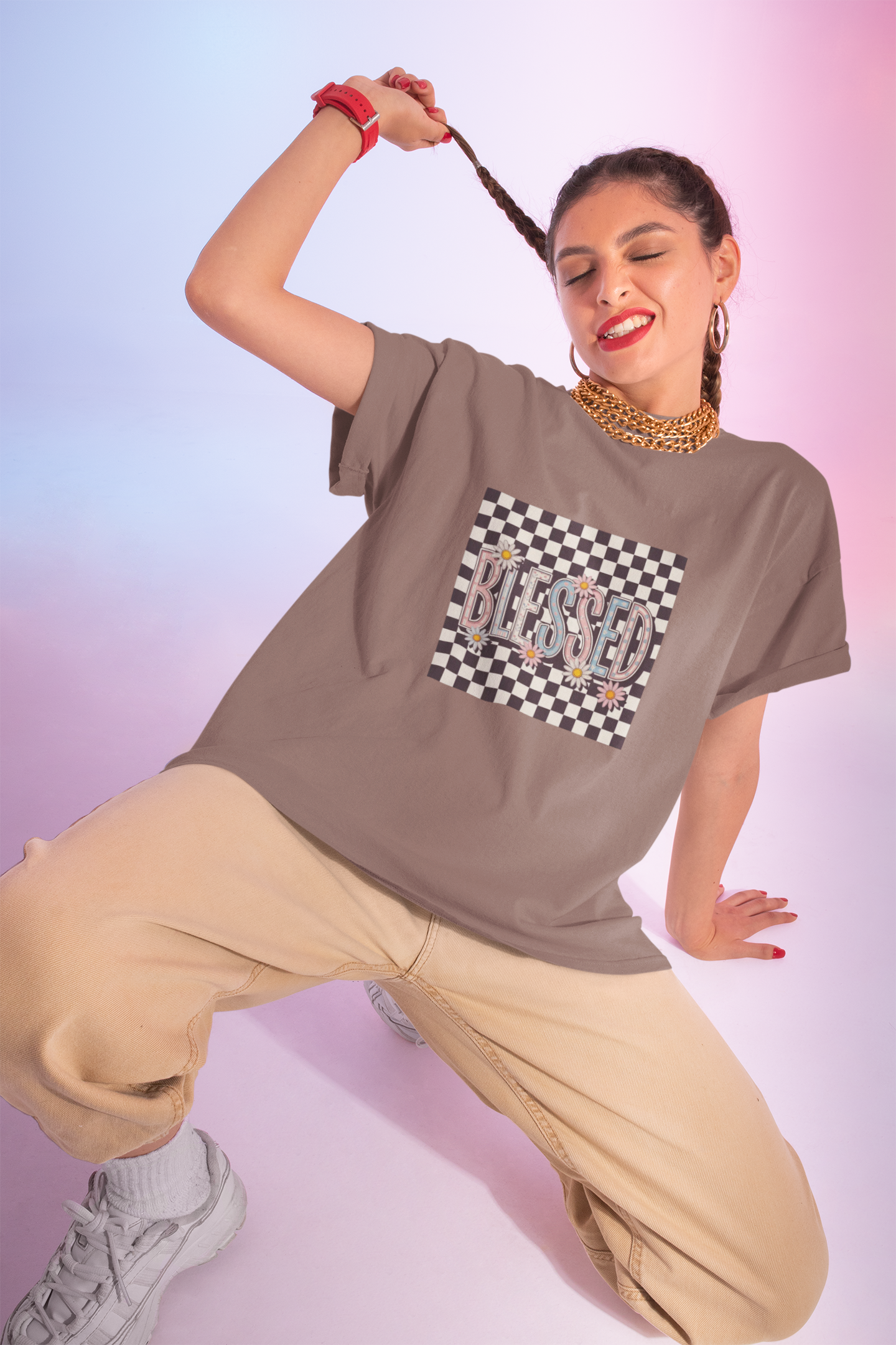 Blessed Checkerboard Floral Shirt | Retro Aesthetic Graphic Tee | Cute Trendy Boutique T-Shirt | Comfort Colors 1717 Unisex Tee