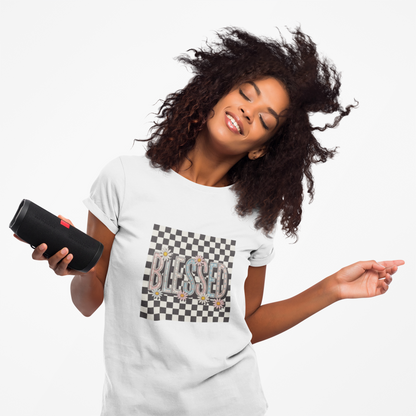 Blessed Checkerboard Floral Shirt | Retro Aesthetic Graphic Tee | Cute Trendy Boutique T-Shirt | Comfort Colors 1717 Unisex Tee
