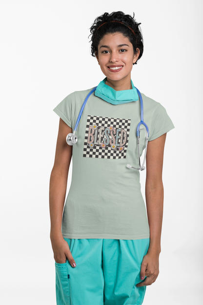 Blessed Checkerboard Floral Shirt | Retro Aesthetic Graphic Tee | Cute Trendy Boutique T-Shirt | Comfort Colors 1717 Unisex Tee
