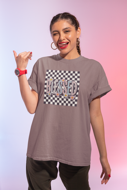 Blessed Checkerboard Floral Shirt | Retro Aesthetic Graphic Tee | Cute Trendy Boutique T-Shirt | Comfort Colors 1717 Unisex Tee