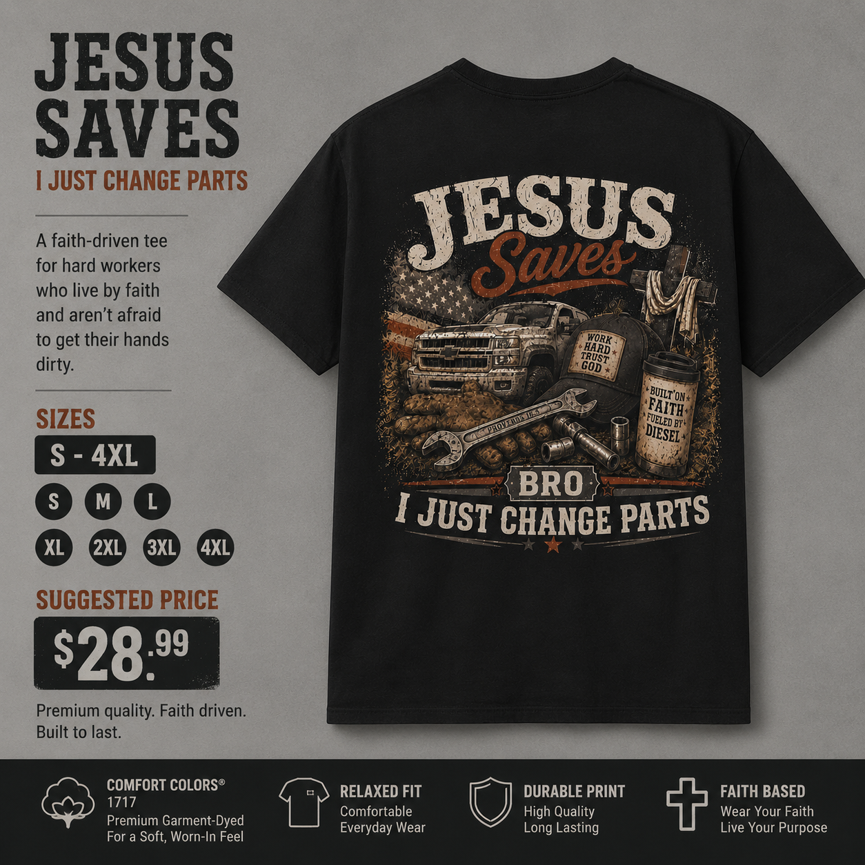 Jesus Saves Bro I Just Change Parts Shirt | Christian Mechanic Shirt | Blue Collar Faith Tee | Comfort Colors 1717 Graphic Tee