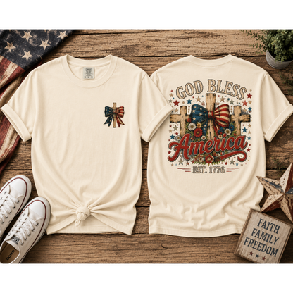 Patriotic God Bless America T-Shirt — Est. 1776 Flag Bow Tee