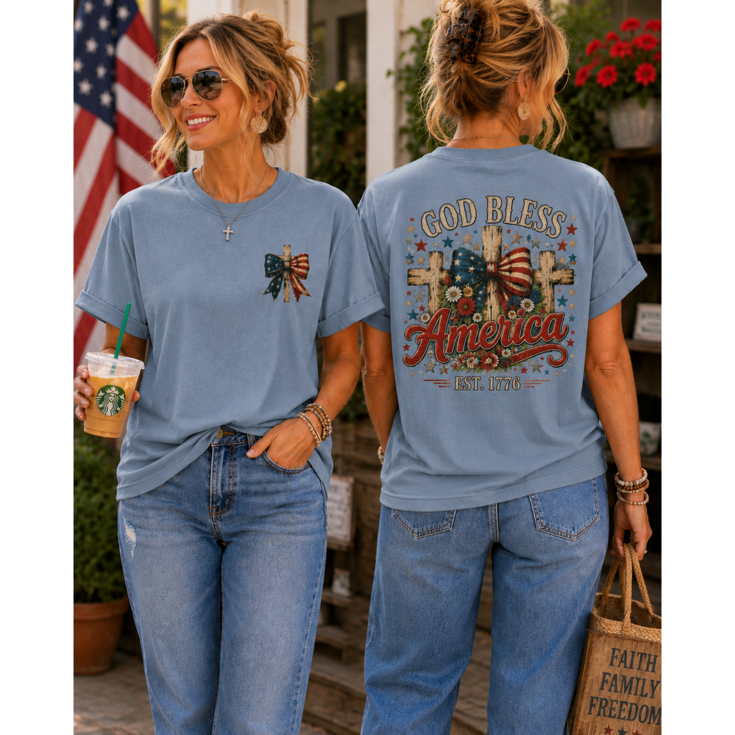 Patriotic God Bless America T-Shirt — Est. 1776 Flag Bow Tee