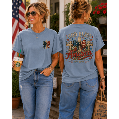 Patriotic God Bless America T-Shirt — Est. 1776 Flag Bow Tee