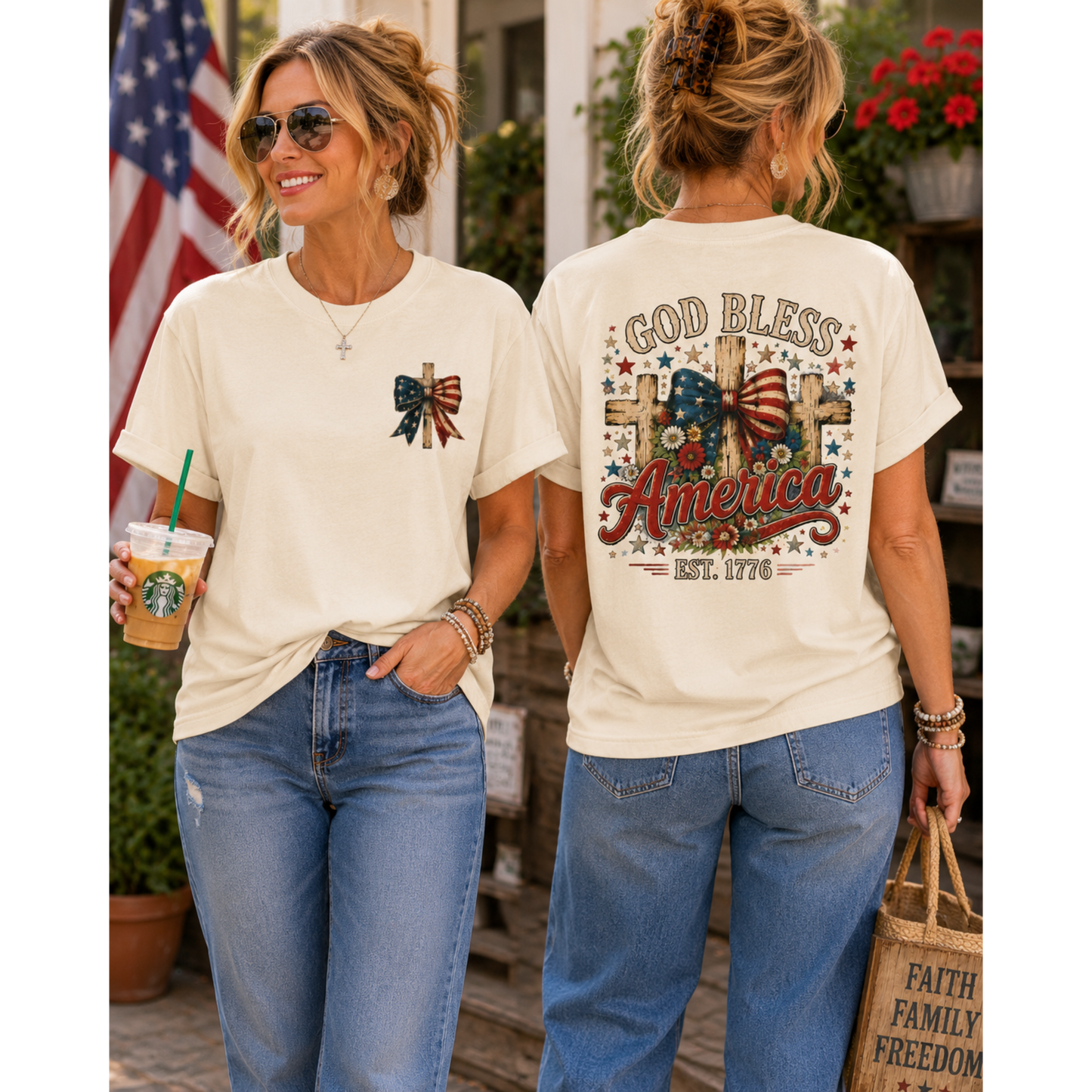 Patriotic God Bless America T-Shirt — Est. 1776 Flag Bow Tee