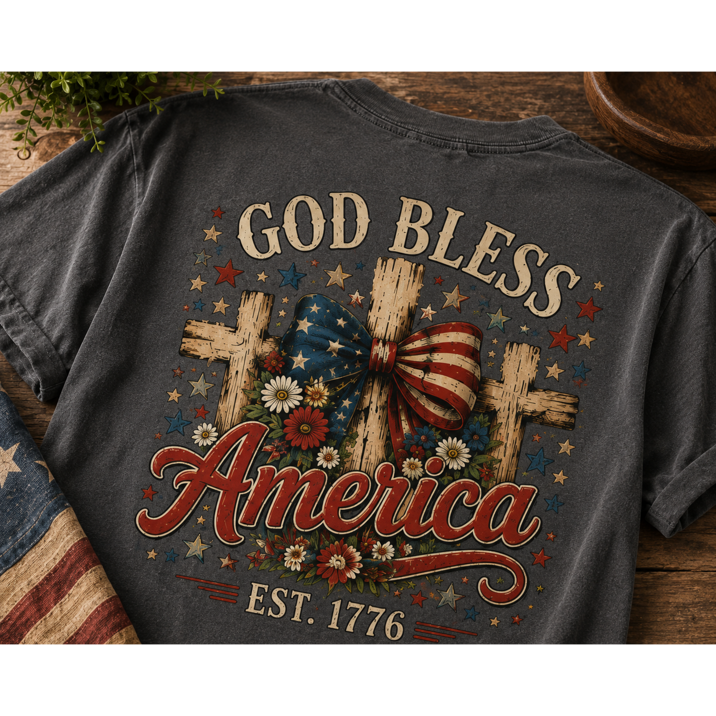 Patriotic God Bless America T-Shirt — Est. 1776 Flag Bow Tee