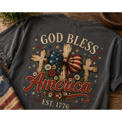 Patriotic God Bless America T-Shirt — Est. 1776 Flag Bow Tee