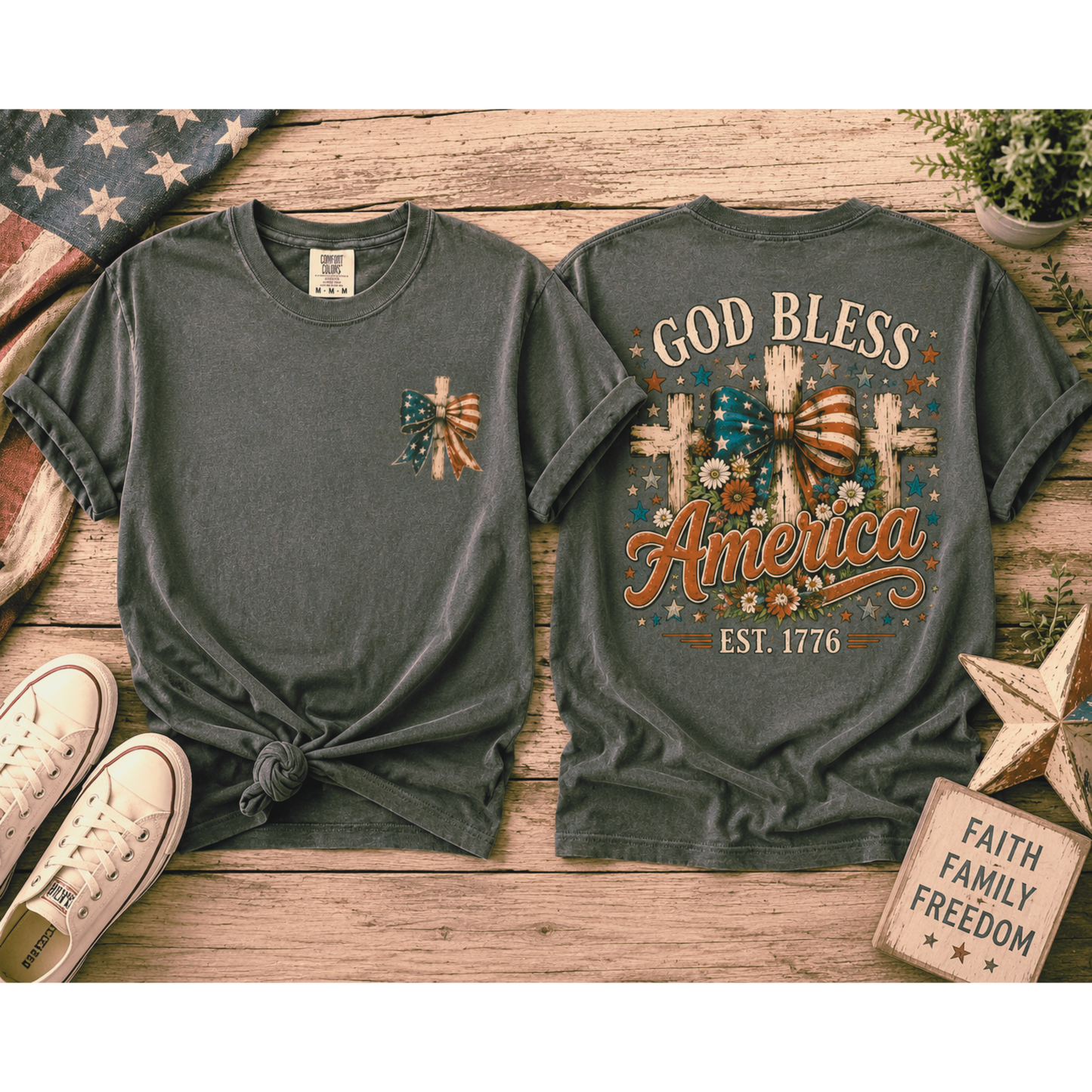 Patriotic God Bless America T-Shirt — Est. 1776 Flag Bow Tee