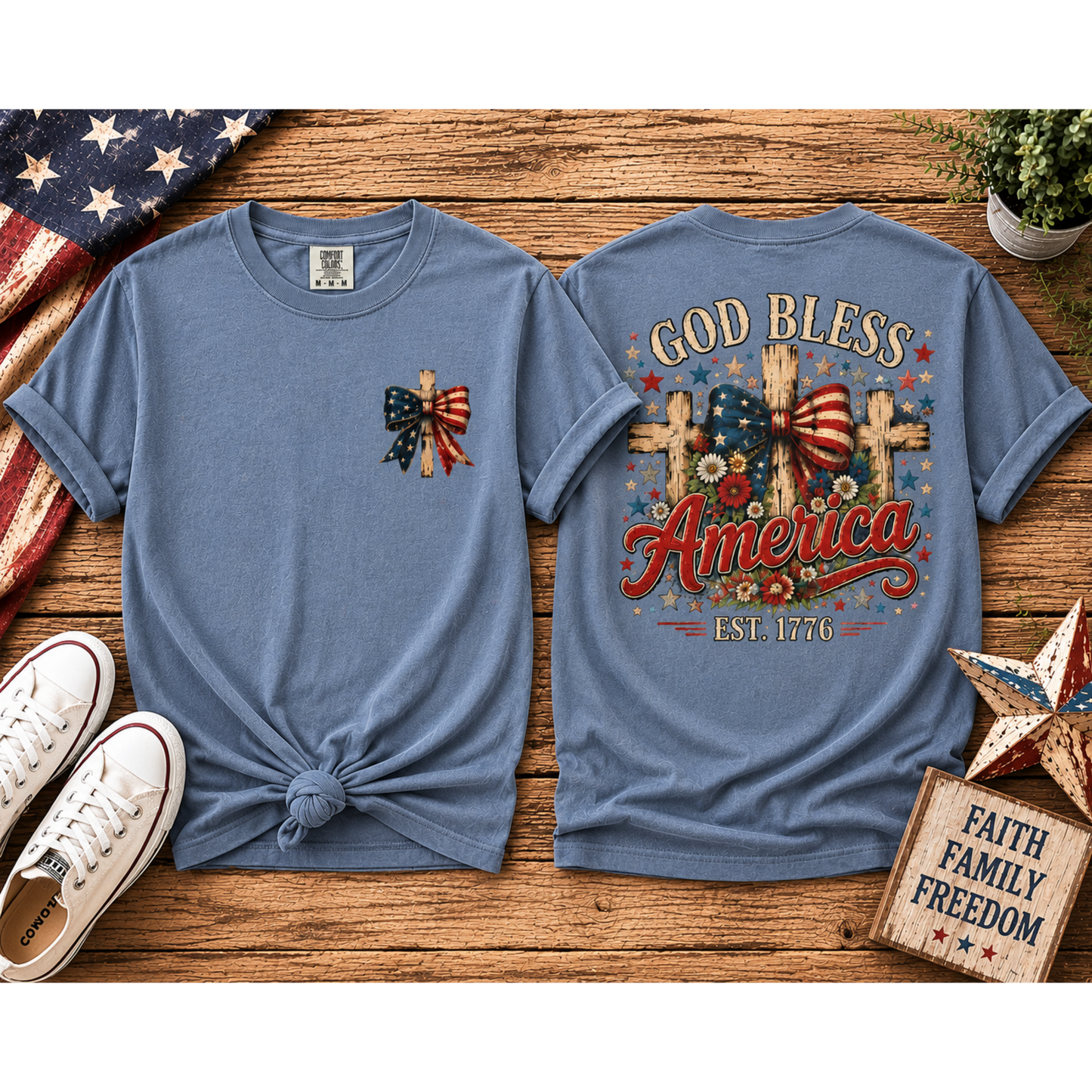 Patriotic God Bless America T-Shirt — Est. 1776 Flag Bow Tee