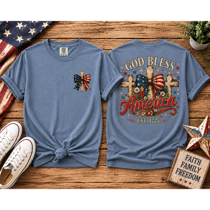 Patriotic God Bless America T-Shirt — Est. 1776 Flag Bow Tee