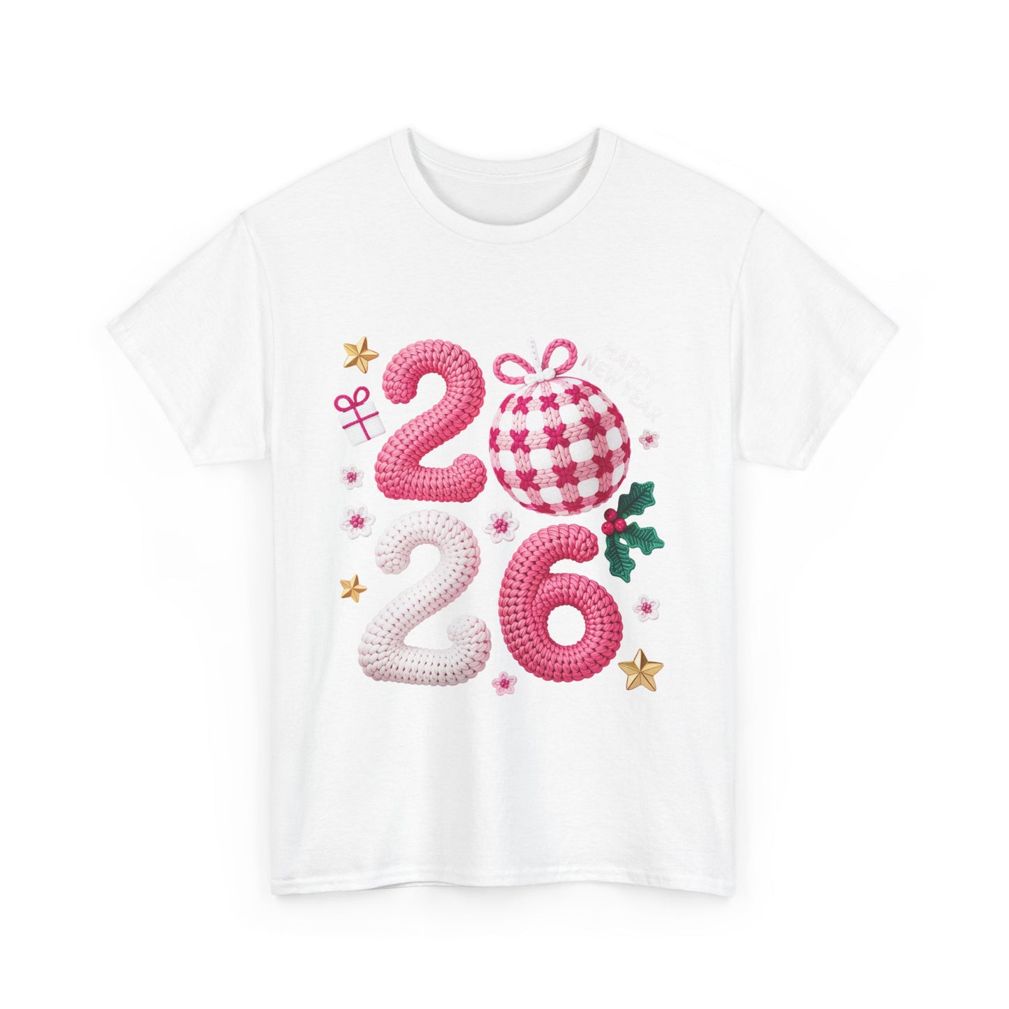 2026 Christmas Knit Style T-Shirt – Cozy Holiday Graphic Tee with Pink Plaid Ornament & Festive Details