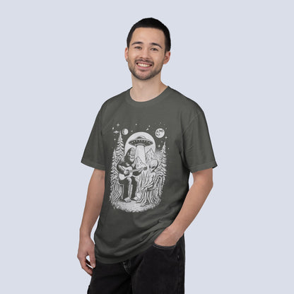 Alien & Bigfoot Campfire T-Shirt — Guitar-Playing Astronaut & UFO Night Scene