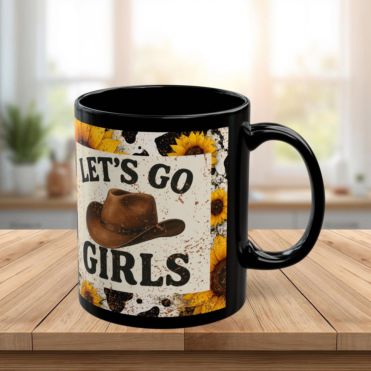 Let’s Go Girls Black Ceramic Mug, Country Sunflower Coffee Cup 11oz & 15oz