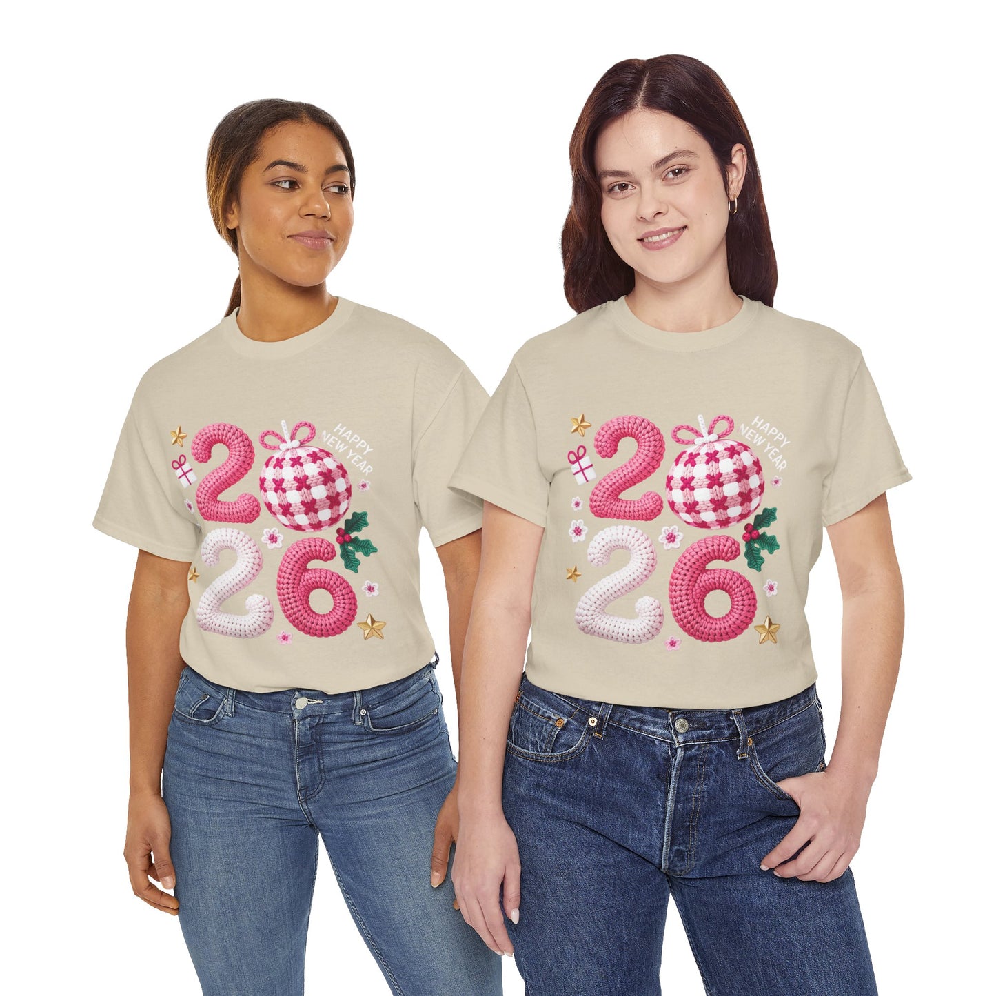 2026 Christmas Knit Style T-Shirt – Cozy Holiday Graphic Tee with Pink Plaid Ornament & Festive Details