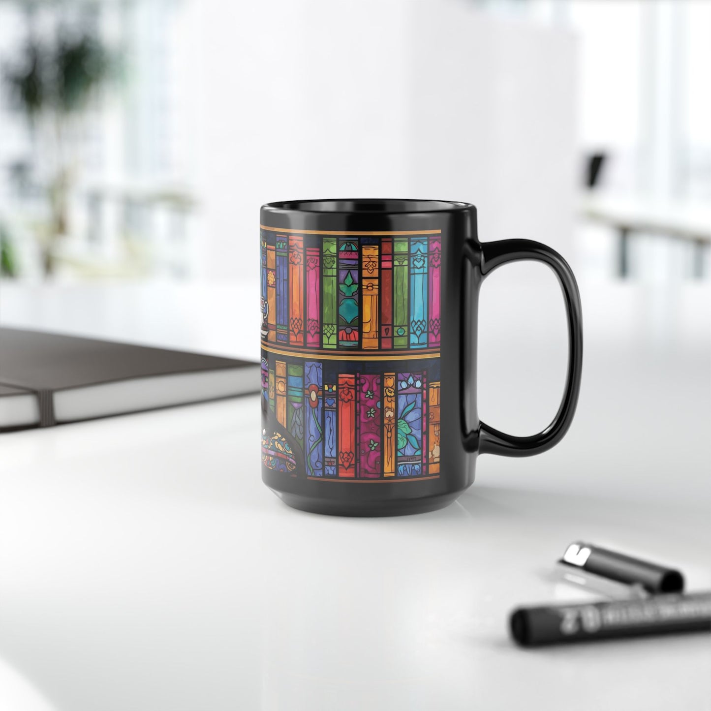 Black Cat Stained Glass Mug – Colorful Gothic Cat Coffee Mug, Artistic Cat Lover Gift, Vibrant Mosaic Cat Cup (11oz & 15oz)