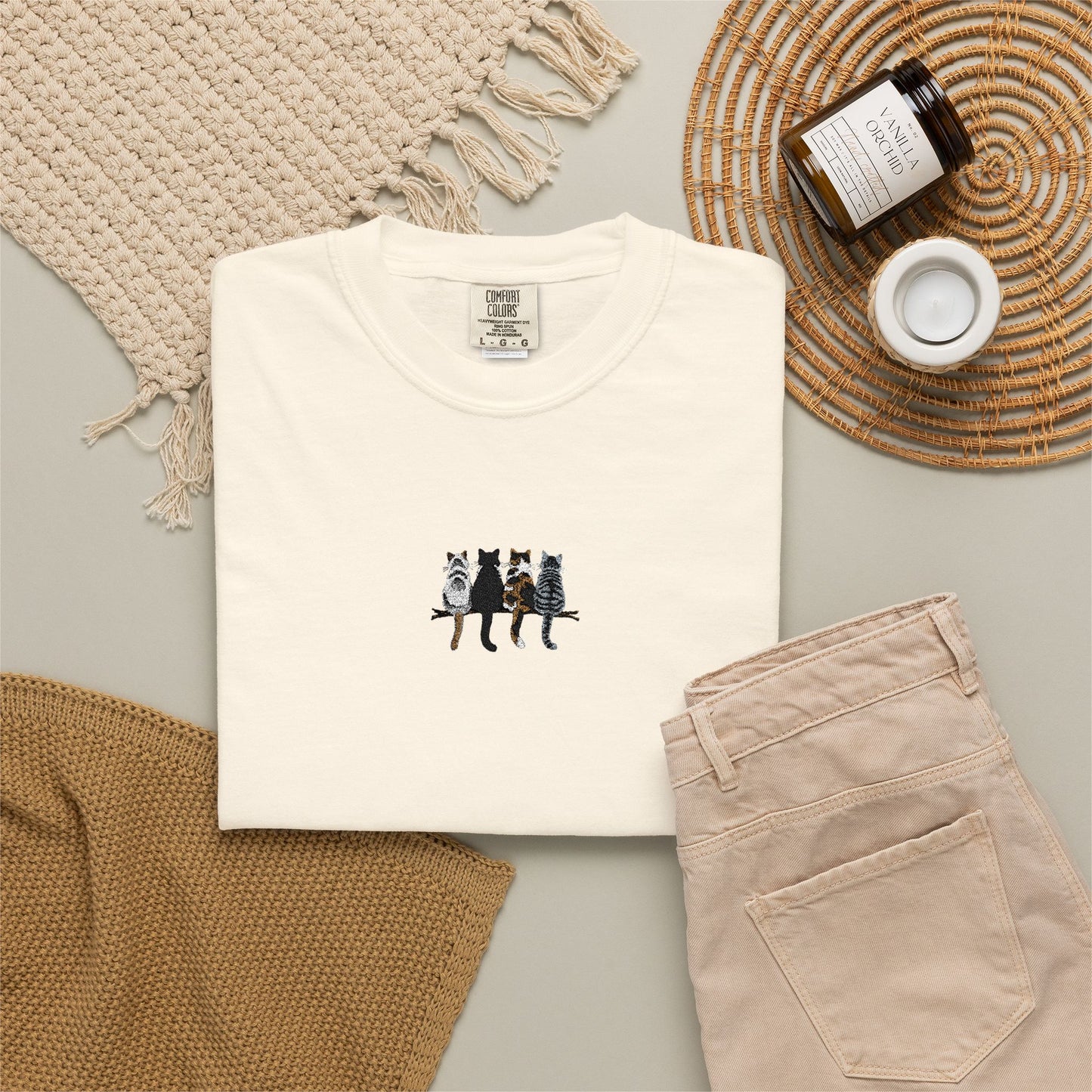 Embroidered Comfort Colors Cat T-Shirt — Cute Cat Patch Tee