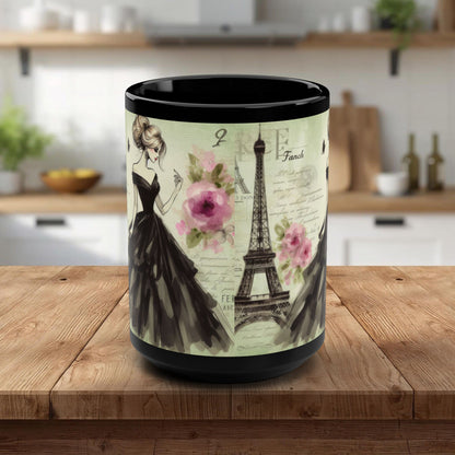 Parisian Daydream Black Mug – Romantic Eiffel Tower Watercolor Coffee Cup (15oz)