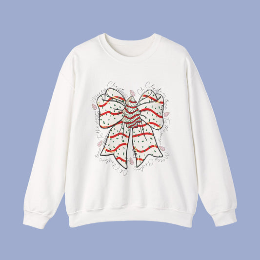 Crewneck Sweatshirt — Festive Red & Green Striped Bow and Snack Cake Holiday Design