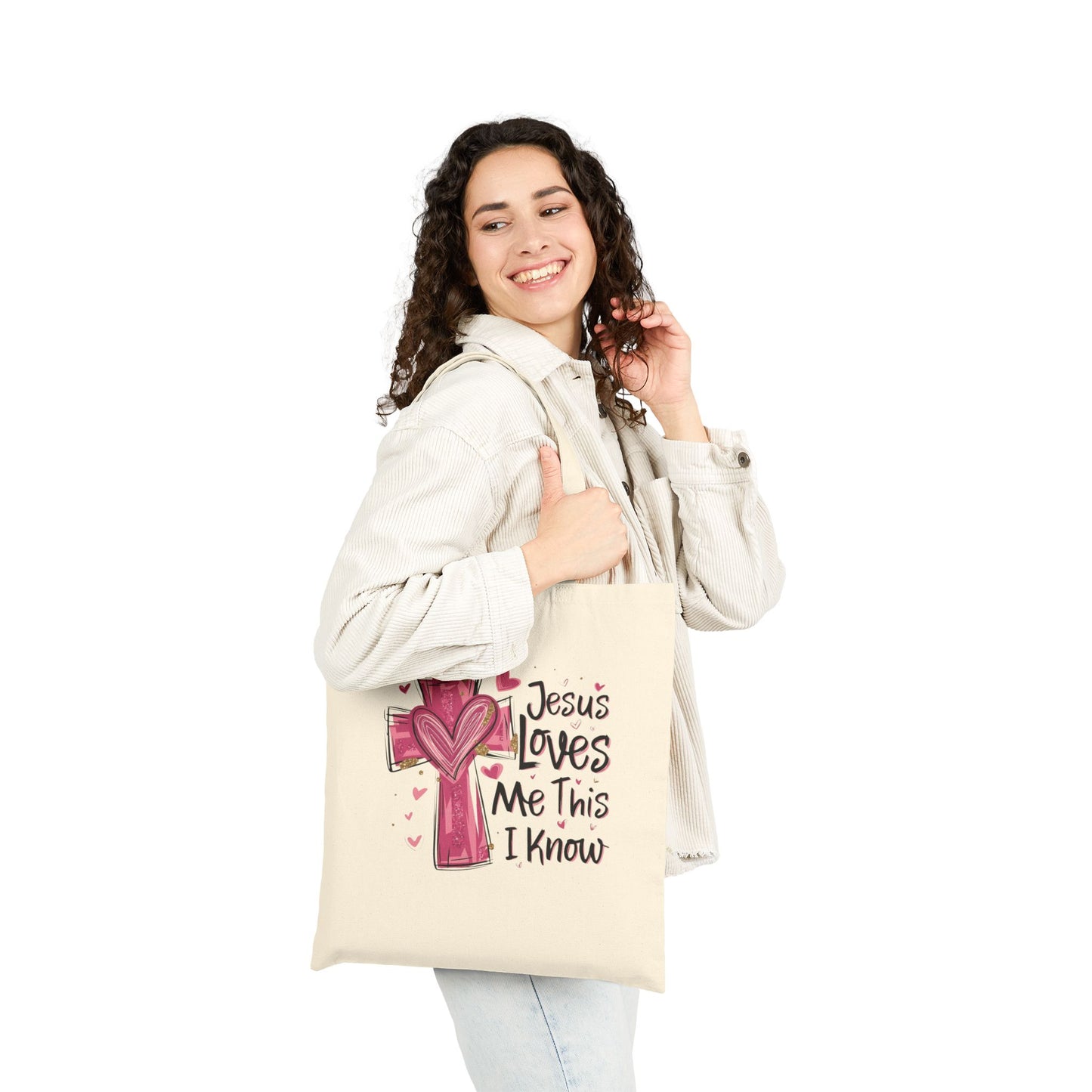 Jesus Loves Me Canvas Tote Bag – Faith Cross Heart Grocery & Church Shopper
