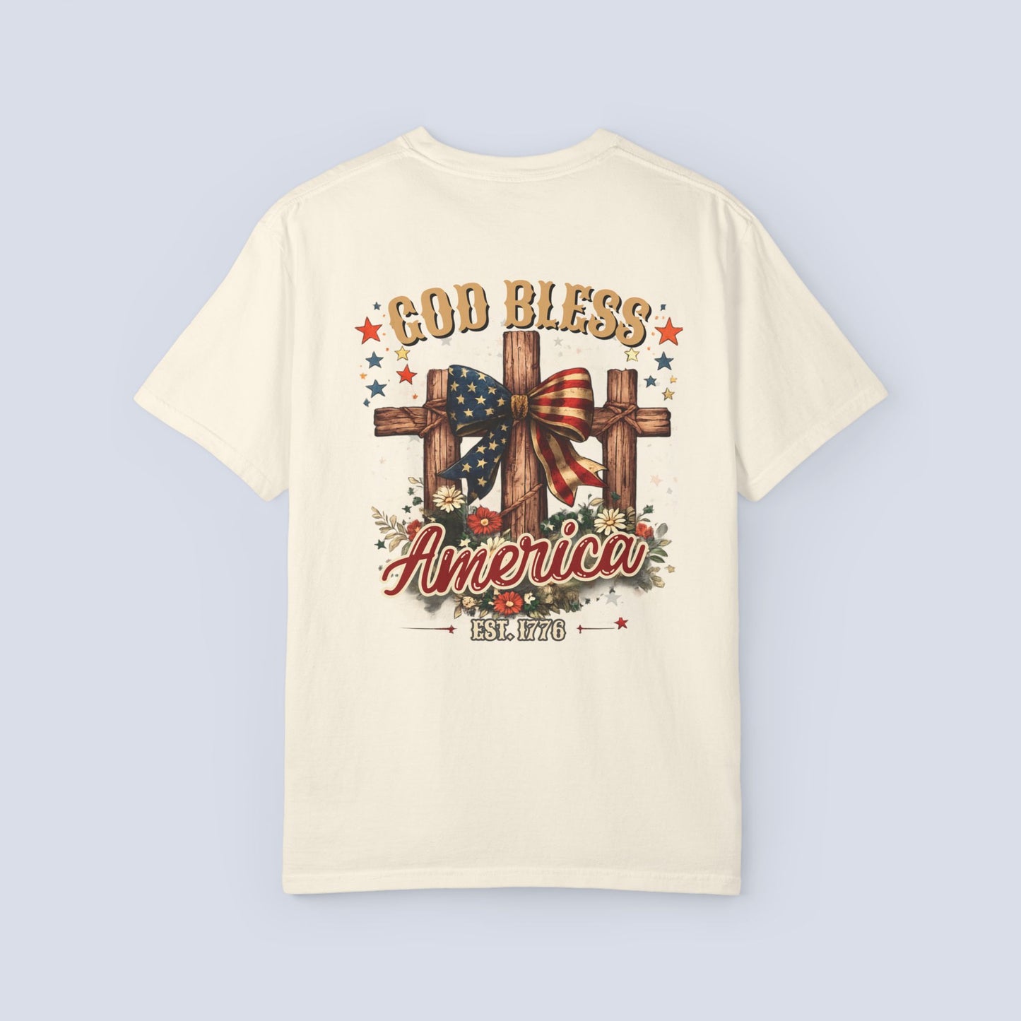 Patriotic God Bless America T-Shirt — Est. 1776 Flag Bow Tee
