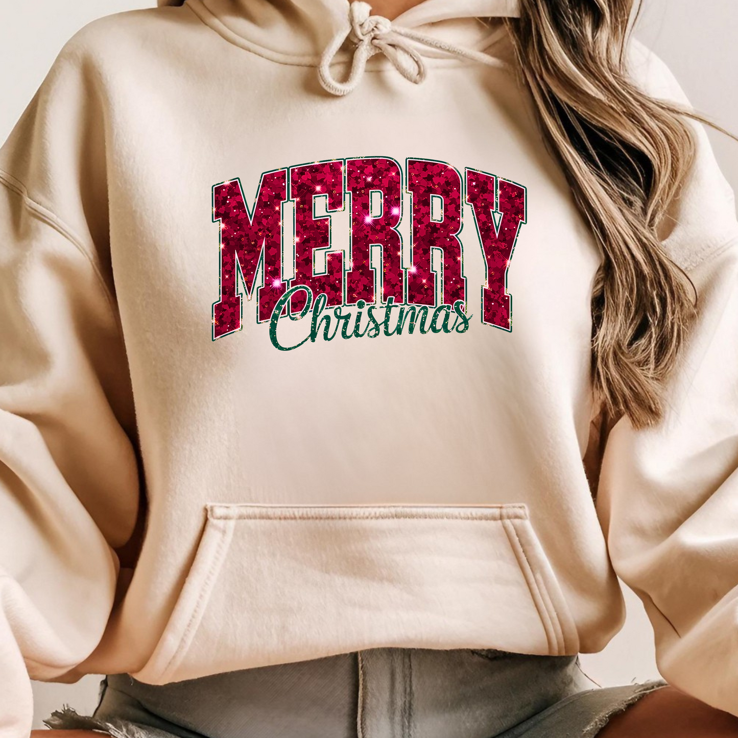 Merry Christmas Glitter Hoodie – Festive Holiday Sparkle Pullover, Cozy Christmas Sweatshirt, Winter Gift