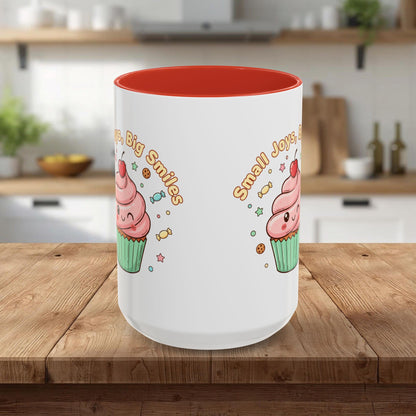 Cupcake Mug - "Small Joys, Big Smiles" Cute Kawaii Accent Coffee Mug/ Gift Mug (11/15oz)