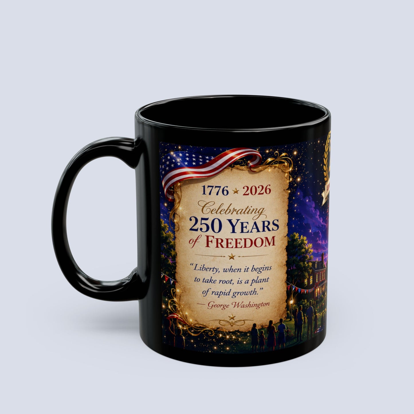 250th America’s Birthday Flag Mug — Patriotic Fireworks Coffee Cup
