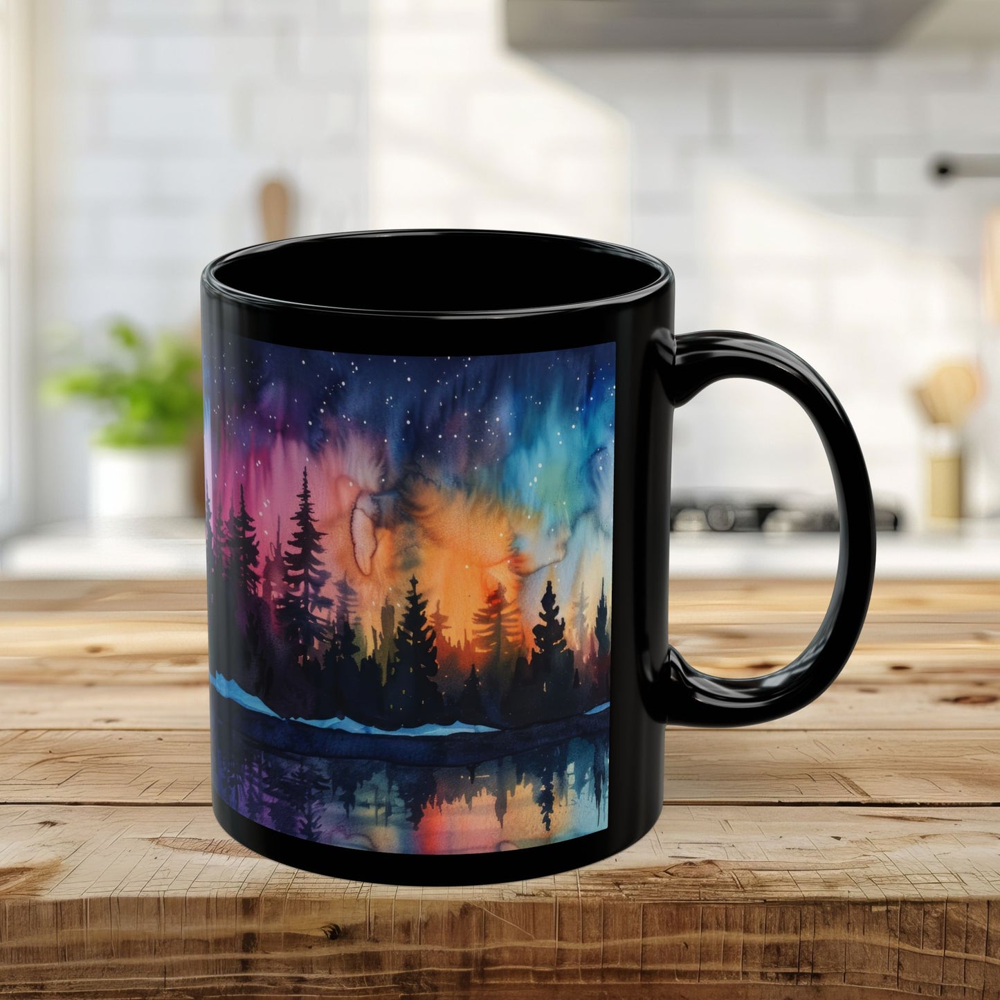 Aurora Forest Black Ceramic Mug | Northern Lights Nightscape Coffee Cup | 11oz & 15oz Mug