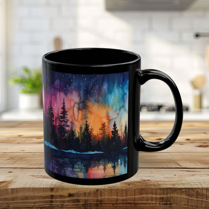 Aurora Forest Black Ceramic Mug | Northern Lights Nightscape Coffee Cup | 11oz & 15oz Mug