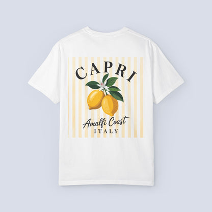 Amalfi Coast Lemon Capri Postcard T-Shirt, Front and Back Design, Comfort Colors 1717, sizes S-4X