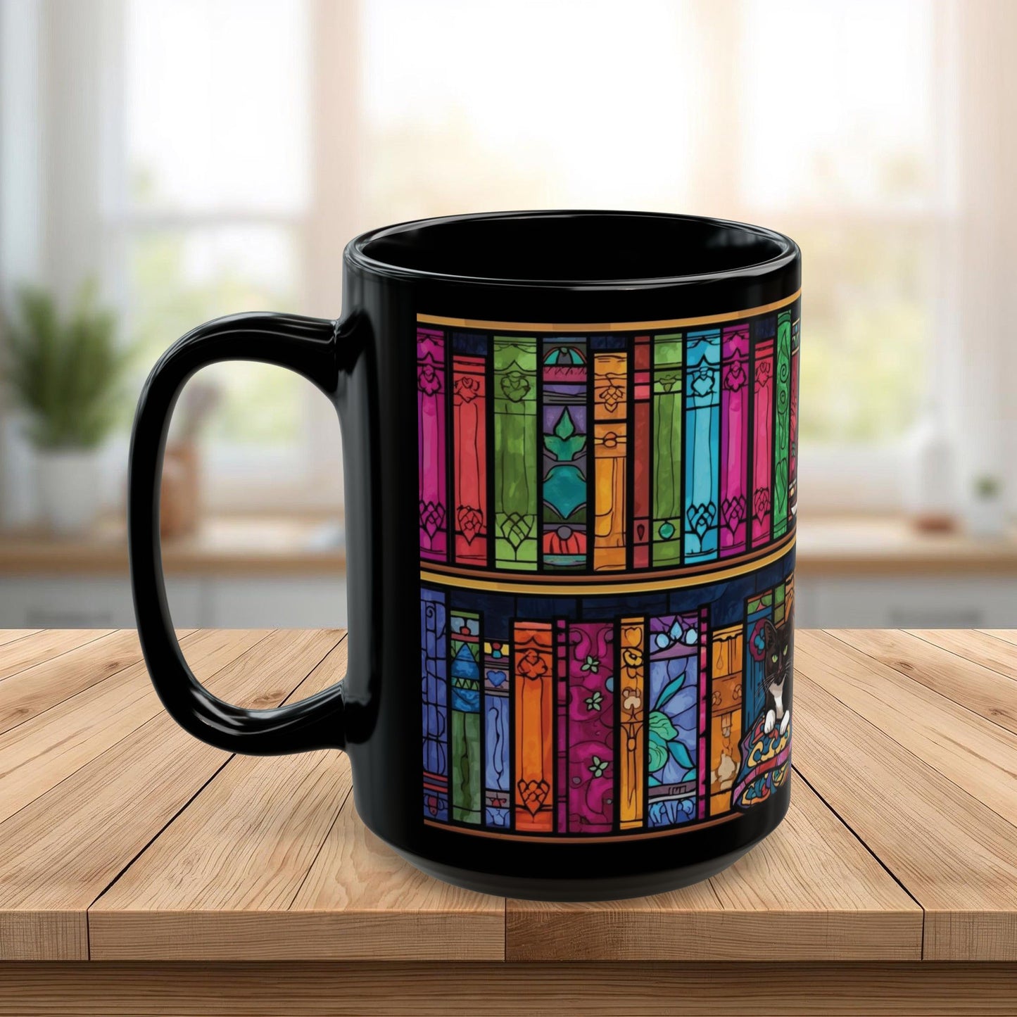 Black Cat Stained Glass Mug – Colorful Gothic Cat Coffee Mug, Artistic Cat Lover Gift, Vibrant Mosaic Cat Cup (11oz & 15oz)
