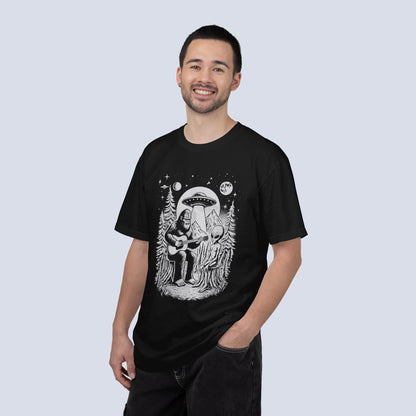 Alien & Bigfoot Campfire T-Shirt — Guitar-Playing Astronaut & UFO Night Scene