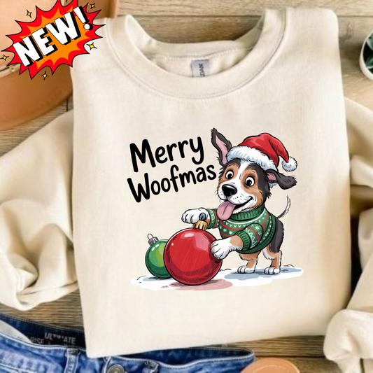 Merry Woofmas Dog Christmas Sweatshirt – Cute Holiday Puppy Graphic Sweater, Winter Pet Lover Gift
