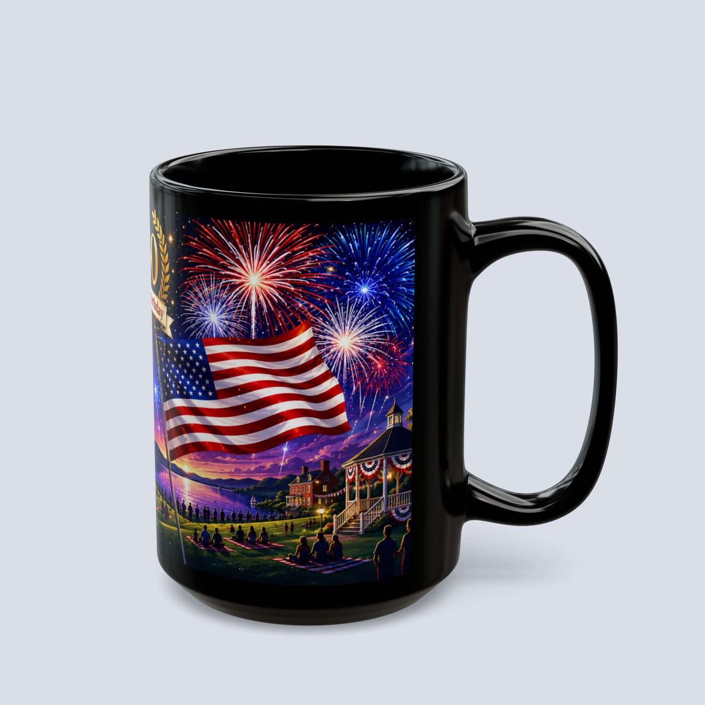 250th America’s Birthday Flag Mug — Patriotic Fireworks Coffee Cup