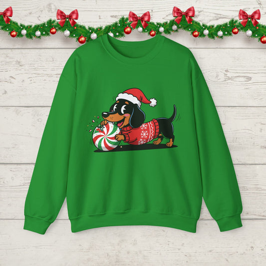 Weenie Dog Christmas Sweatshirt – Cute Dachshund Holiday Sweater, Santa Hat Puppy Pullover, Festive Dog Lover Christmas Crewneck S-3x Gildan 1800