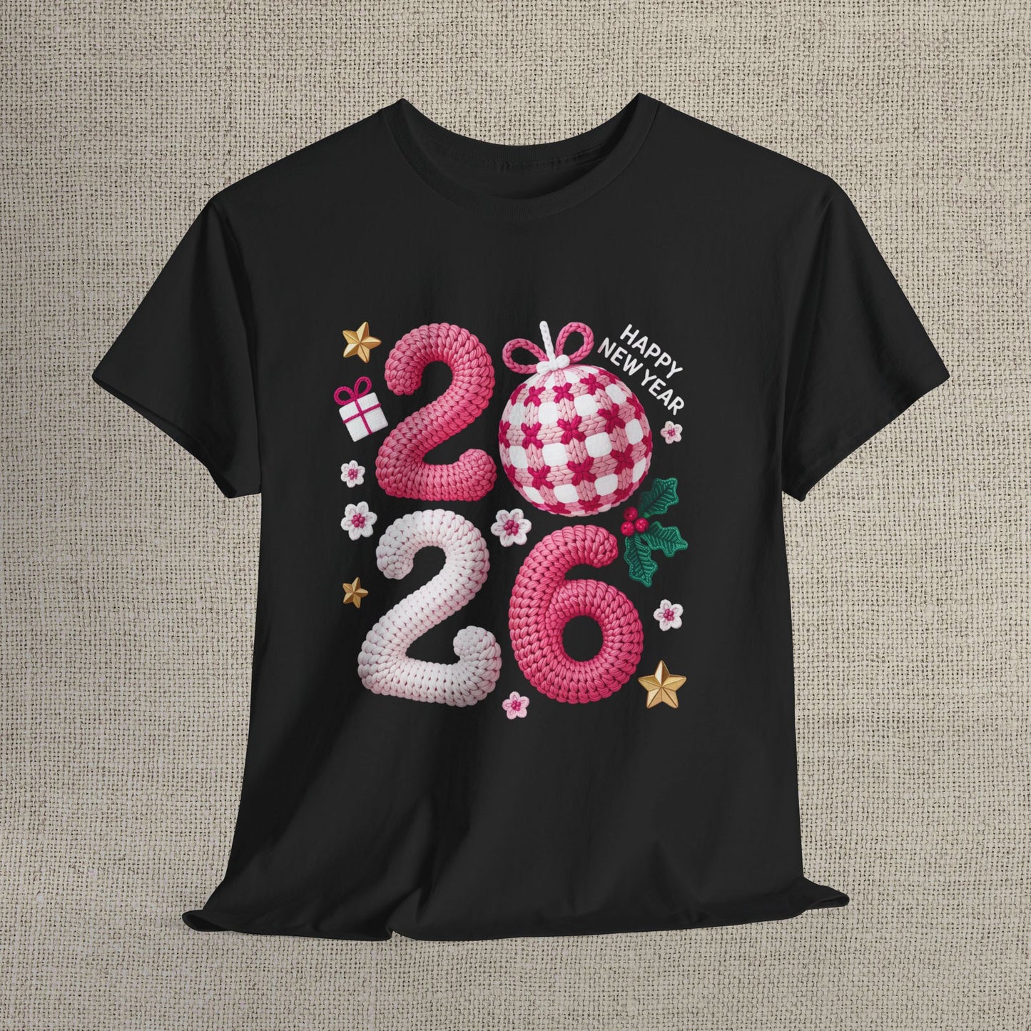 2026 Christmas Knit Style T-Shirt – Cozy Holiday Graphic Tee with Pink Plaid Ornament & Festive Details