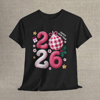 2026 Christmas Knit Style T-Shirt – Cozy Holiday Graphic Tee with Pink Plaid Ornament & Festive Details