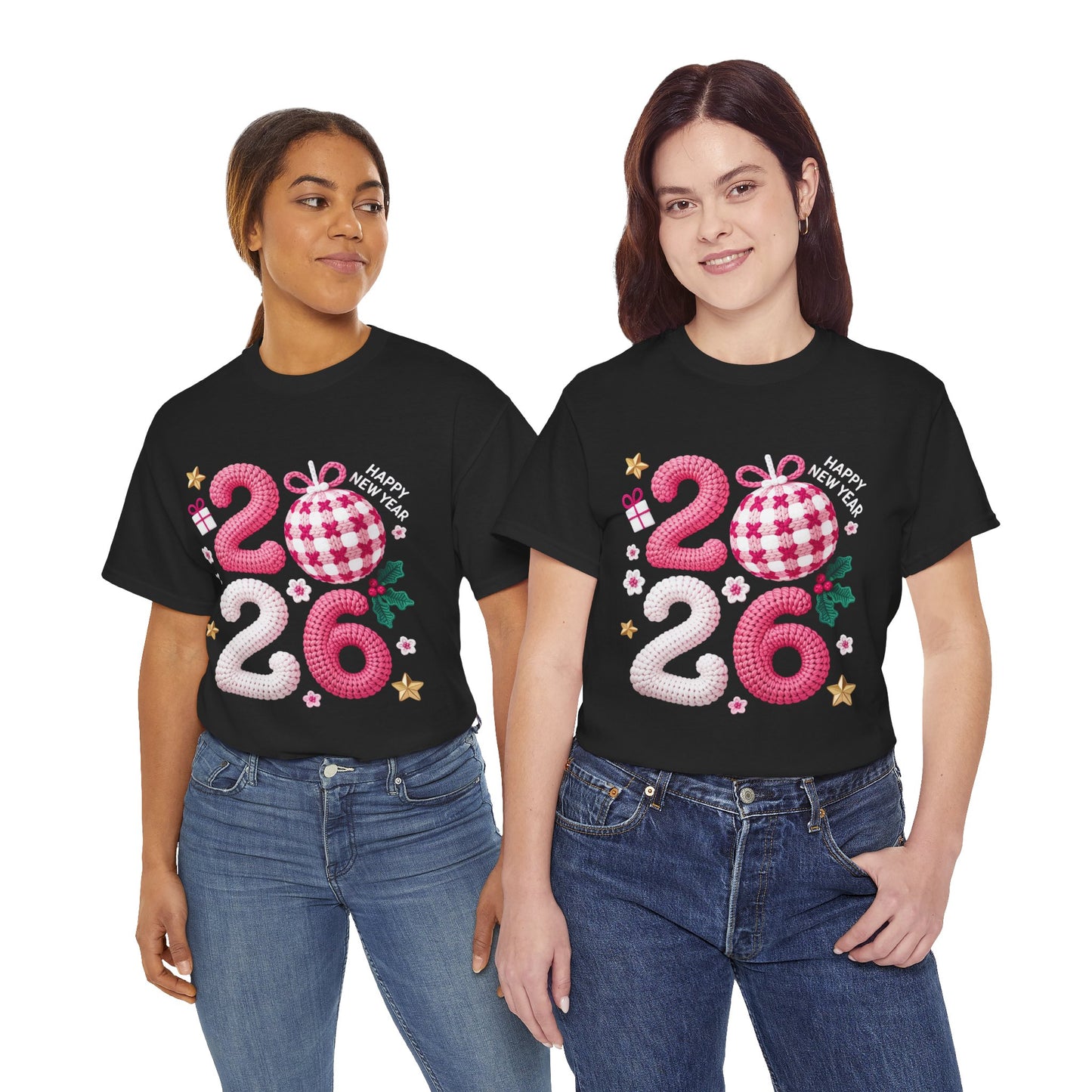 2026 Christmas Knit Style T-Shirt – Cozy Holiday Graphic Tee with Pink Plaid Ornament & Festive Details