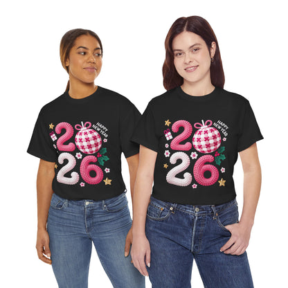 2026 Christmas Knit Style T-Shirt – Cozy Holiday Graphic Tee with Pink Plaid Ornament & Festive Details