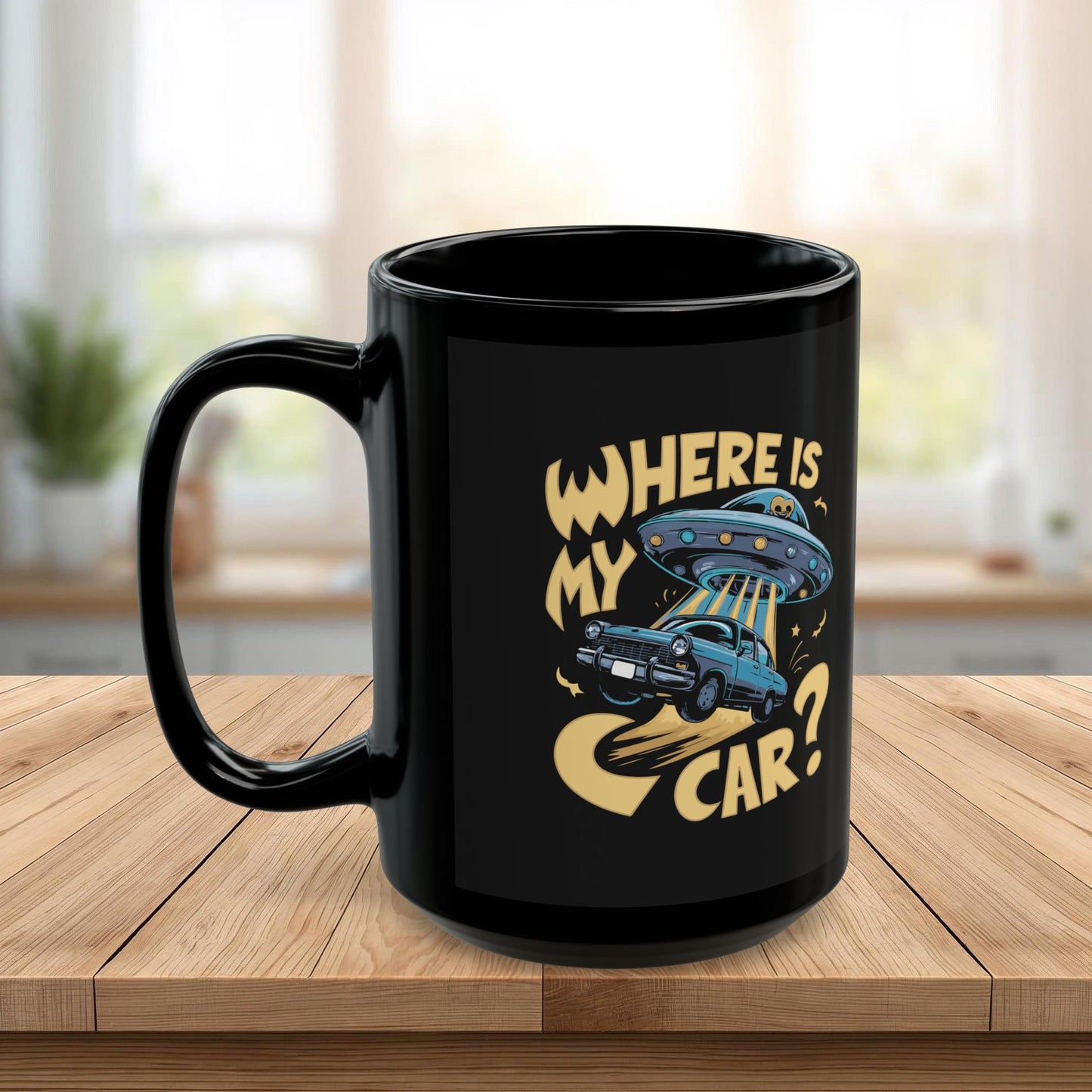 Funny UFO Car Mug – “Where Is My Car?” Alien Abduction Coffee Cup – Retro Sci-Fi Humor Black Ceramic Mug for Car Lovers (11 - 15 oz)