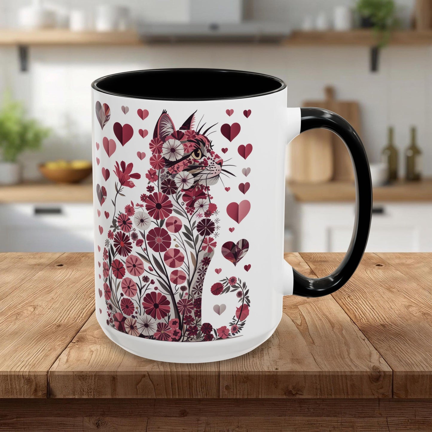 Floral Cat Heart Accent Coffee Mug — Gift Mug (11/15oz)