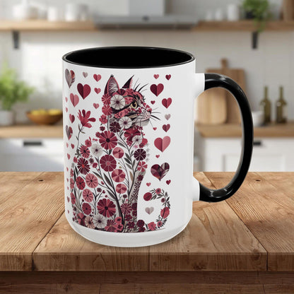 Floral Cat Heart Accent Coffee Mug — Gift Mug (11/15oz)