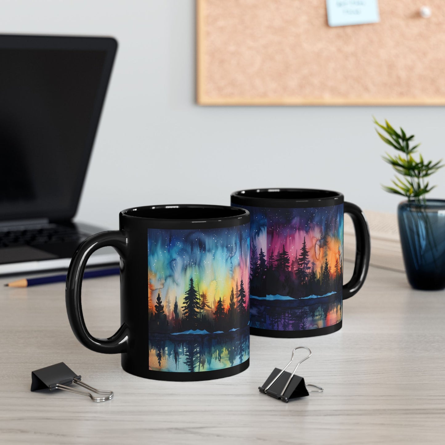 Aurora Forest Black Ceramic Mug | Northern Lights Nightscape Coffee Cup | 11oz & 15oz Mug