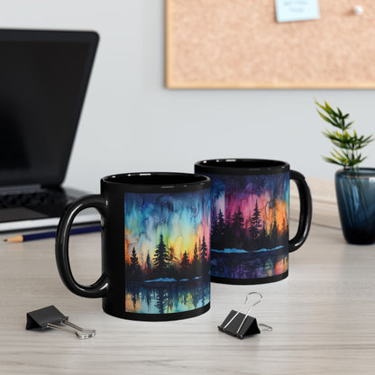 Aurora Forest Black Ceramic Mug | Northern Lights Nightscape Coffee Cup | 11oz & 15oz Mug