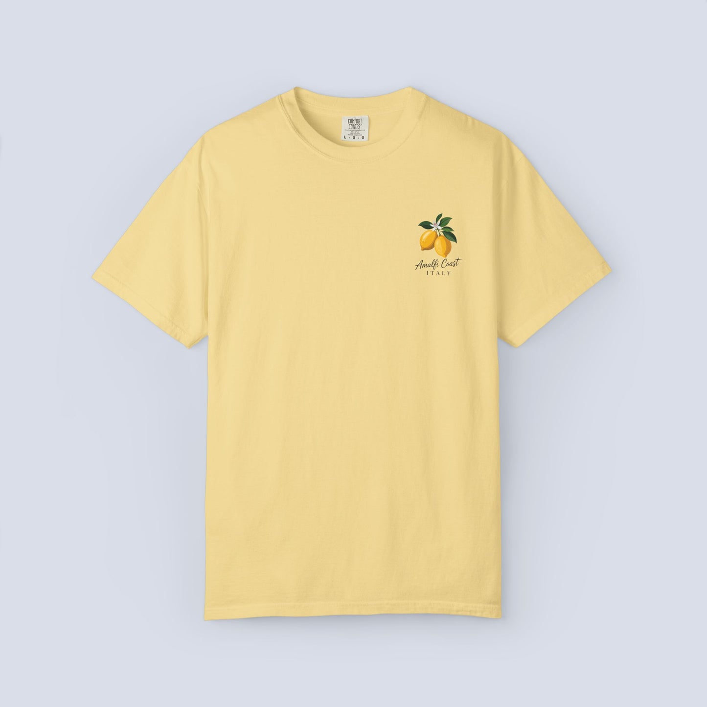 Amalfi Coast Lemon Capri Postcard T-Shirt, Front and Back Design, Comfort Colors 1717, sizes S-4X