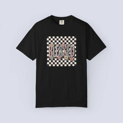Blessed Checkerboard Floral Shirt | Retro Aesthetic Graphic Tee | Cute Trendy Boutique T-Shirt | Comfort Colors 1717 Unisex Tee