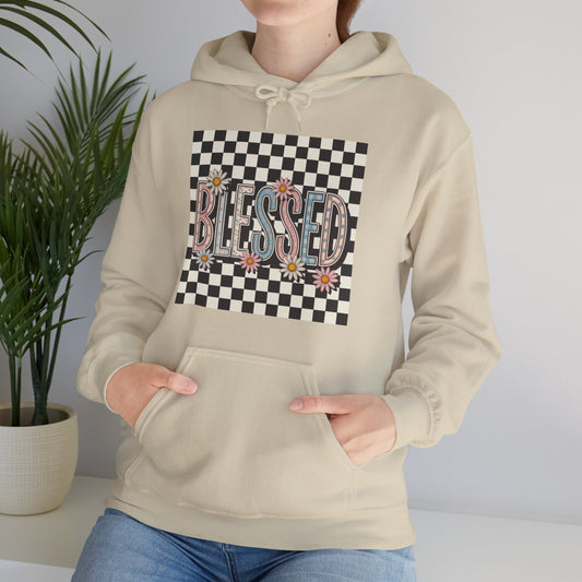Blessed Checkerboard Hoodie – Floral Retro Graphic Pullover