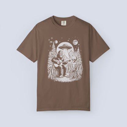 Alien & Bigfoot Campfire T-Shirt — Guitar-Playing Astronaut & UFO Night Scene